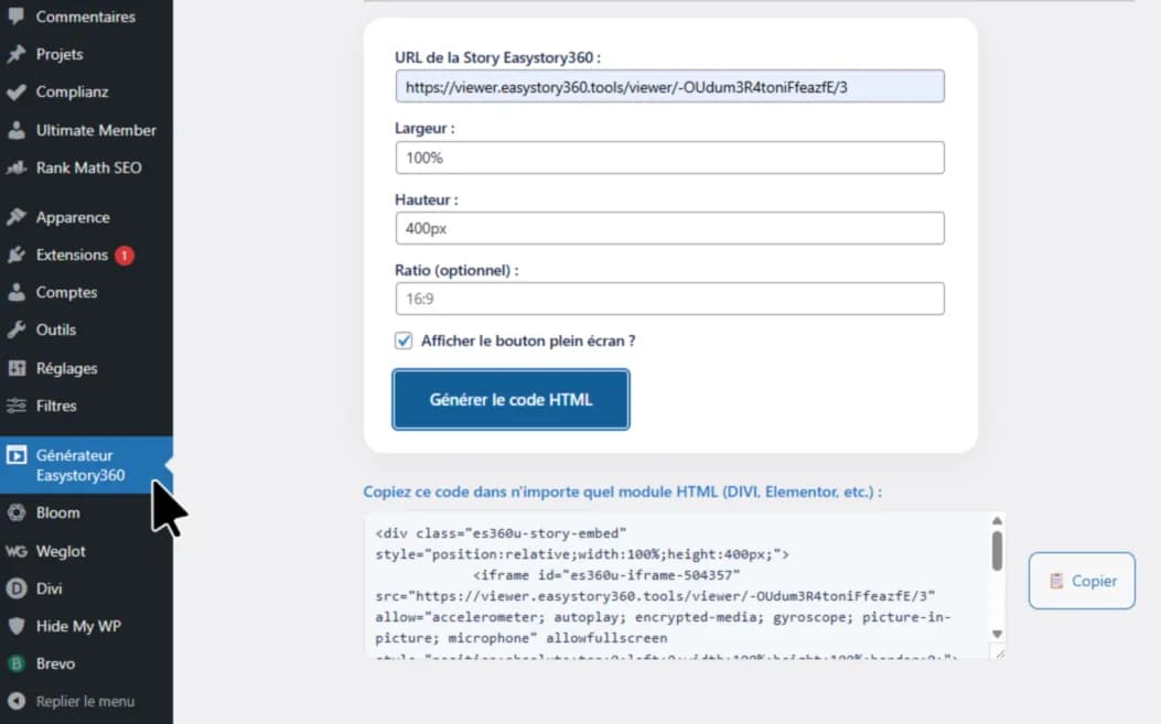 Générateur de code Easystory360
