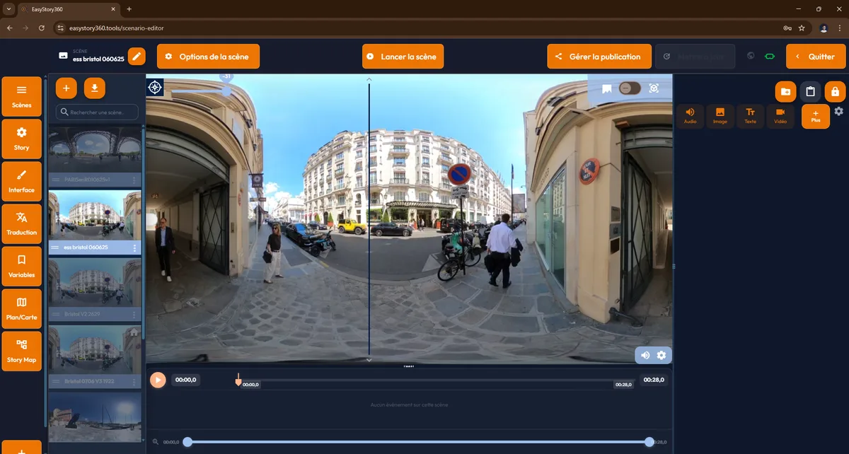 Éditeur easystory360 en Vue 2D : projection équirectangulaire d'une rue