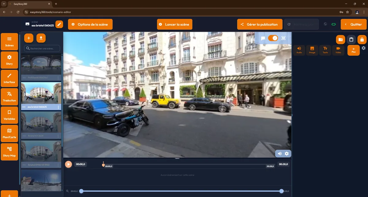 Éditeur easystory360 en Vue 360° / 3D : aperçu sphérique navigable