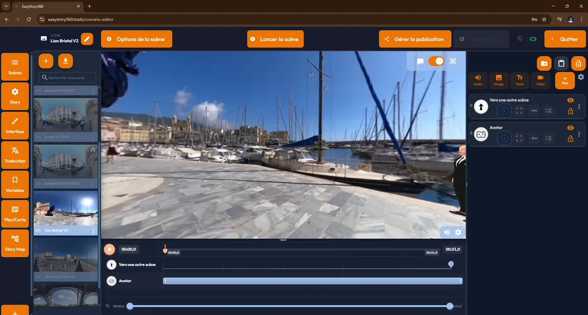 Vue d'ensemble de l'éditeur easystory360 avec liste des scènes et visualiseur