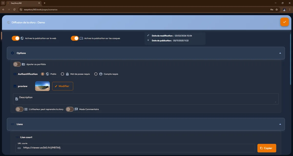 Dialogue Diffusion d'une story : authentification, options, lien court, mode commentaire