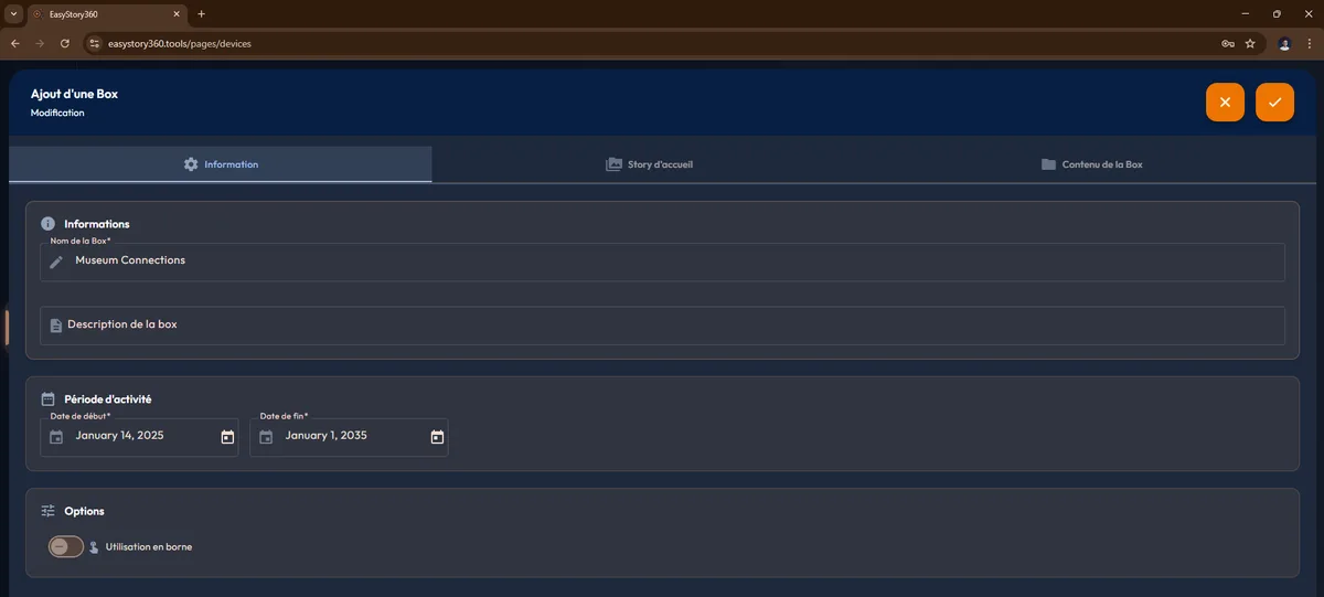 Configuration d'une box : onglet Information avec nom, description, période, mode borne