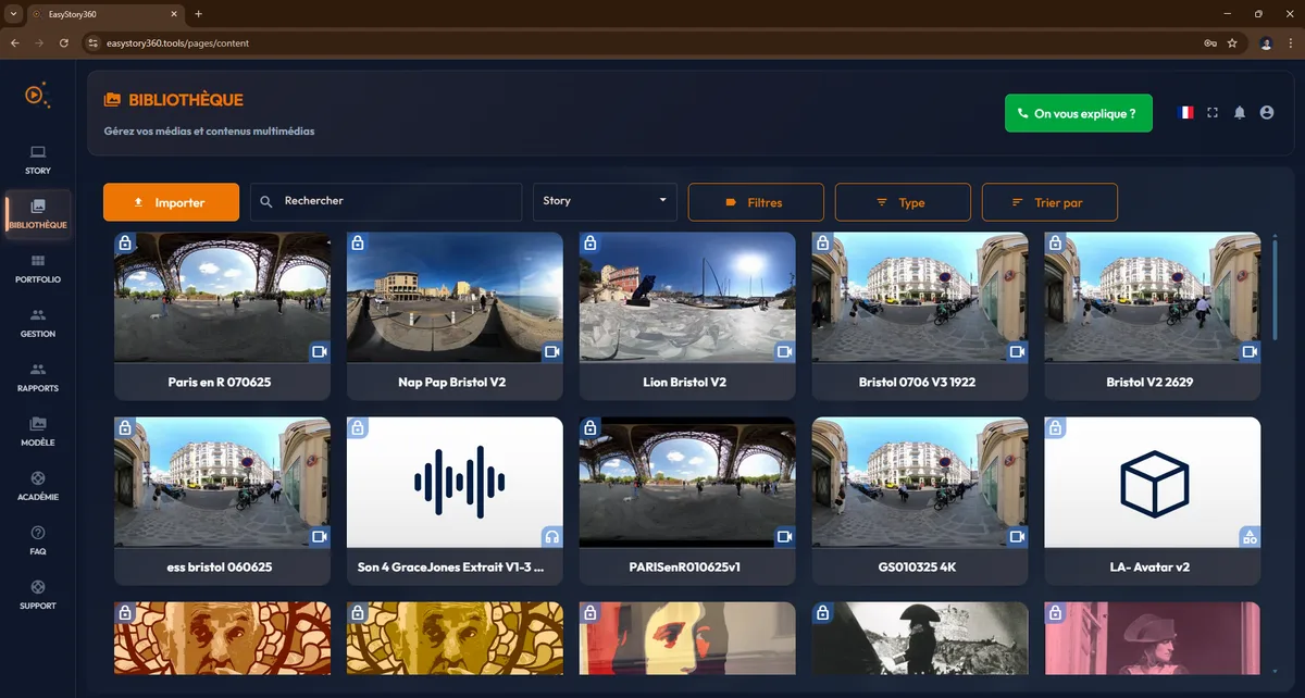 Bibliothèque easystory360 : grid de médias 360 avec filtres