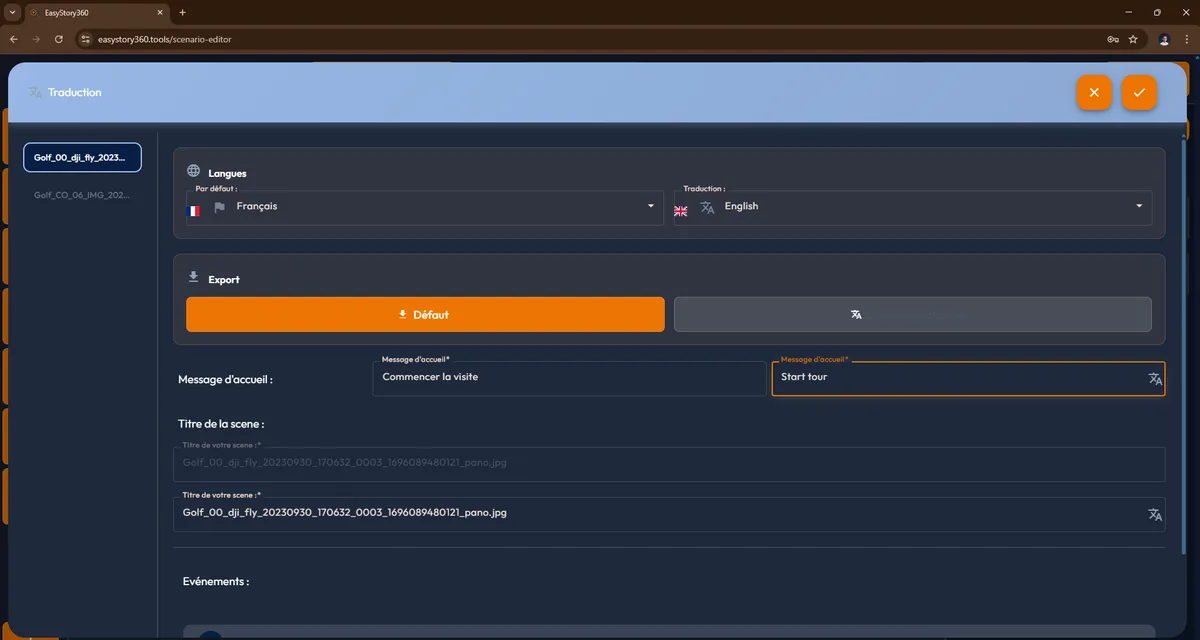 Interface de traduction : Français → English, message d'accueil, titre de scène, événements