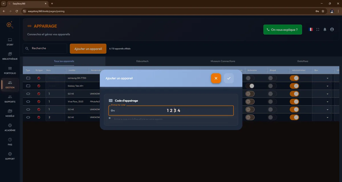 Dialog Ajouter un appareil : champ Code d'appairage à 4 chiffres