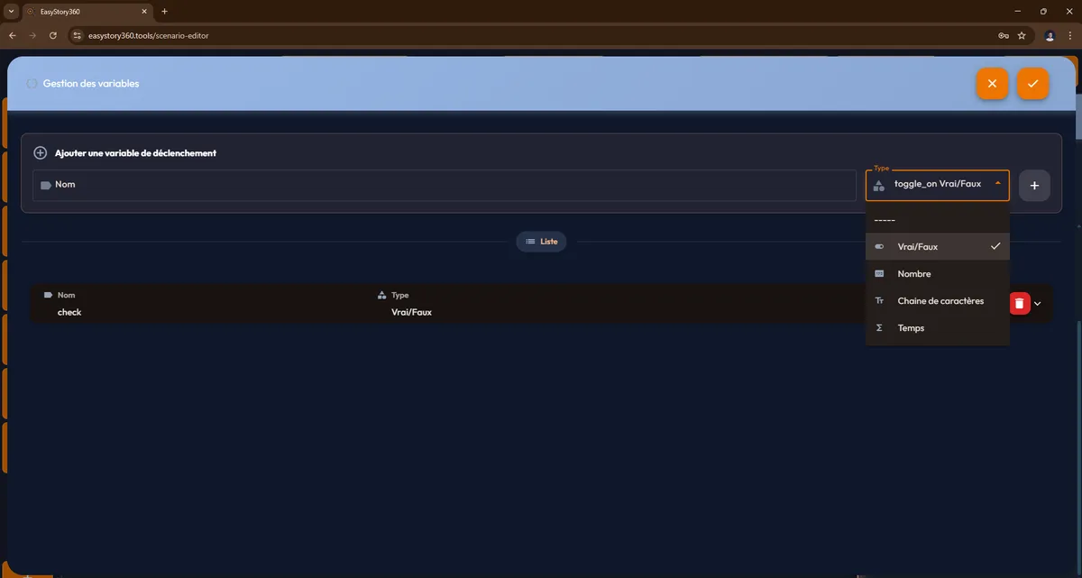 Dialog Gestion des variables : ajouter une variable de déclenchement, type Vrai/Faux/Nombre/Chaîne/Temps
