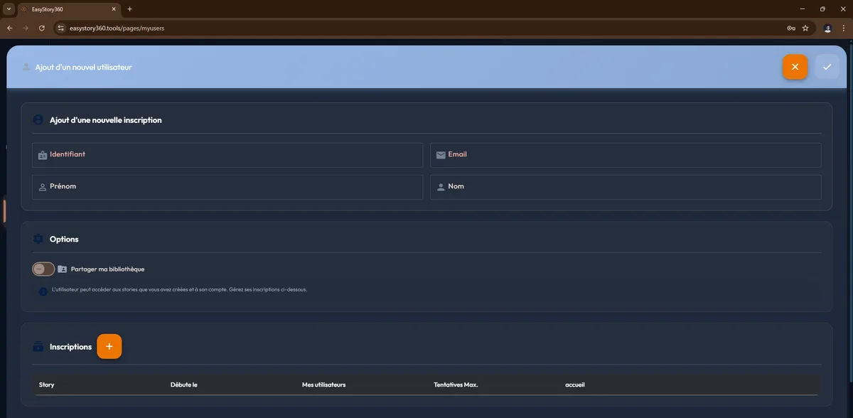 Dialog Ajout d'un nouvel utilisateur easystory360