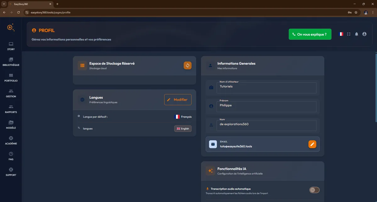 Page Profil easystory360 : espace stockage, langues, informations générales, fonctionnalités IA
