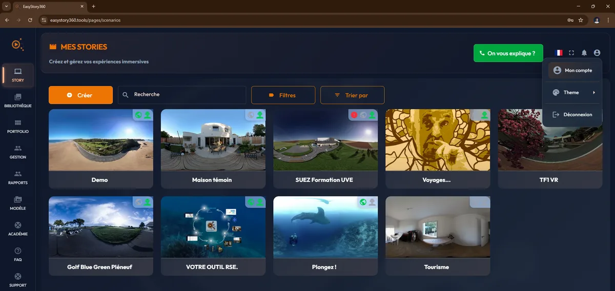 Page MES STORIES easystory360 : grid des stories existantes